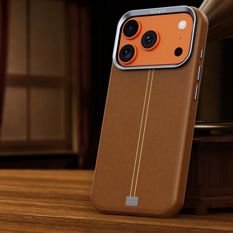 For iPhone 17 Pro Jazz Series Retro Vegan Leather Textured Metal Frame Magnetic Phone Case(Brown)