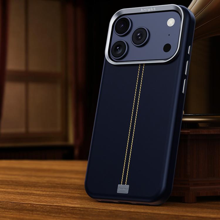 For iPhone 17 Pro Jazz Series Retro Vegan Leather Textured Metal Frame Magnetic Phone Case(Dark Blue)
