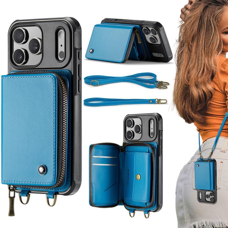 For iPhone 17 Pro JEEHOOD C22 Series Zipper Wallet Leather Phone Case with Dual Lanyard(Blue)