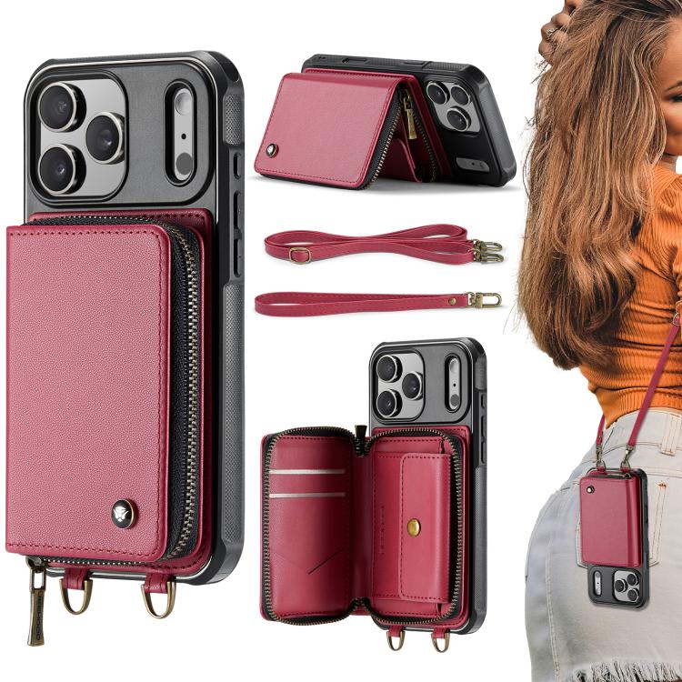 For iPhone 17 Pro JEEHOOD C22 Series Zipper Wallet Leather Phone Case with Dual Lanyard(Red)