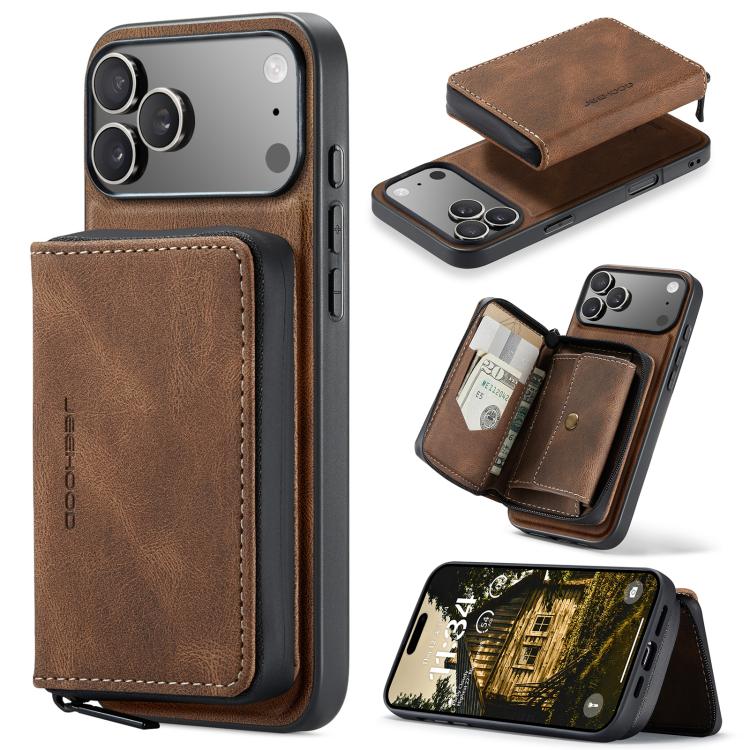 For iPhone 17 Pro JEEHOOD J02 Magnetic Zipper Horizontal Flip Leather Phone Case(Brown)