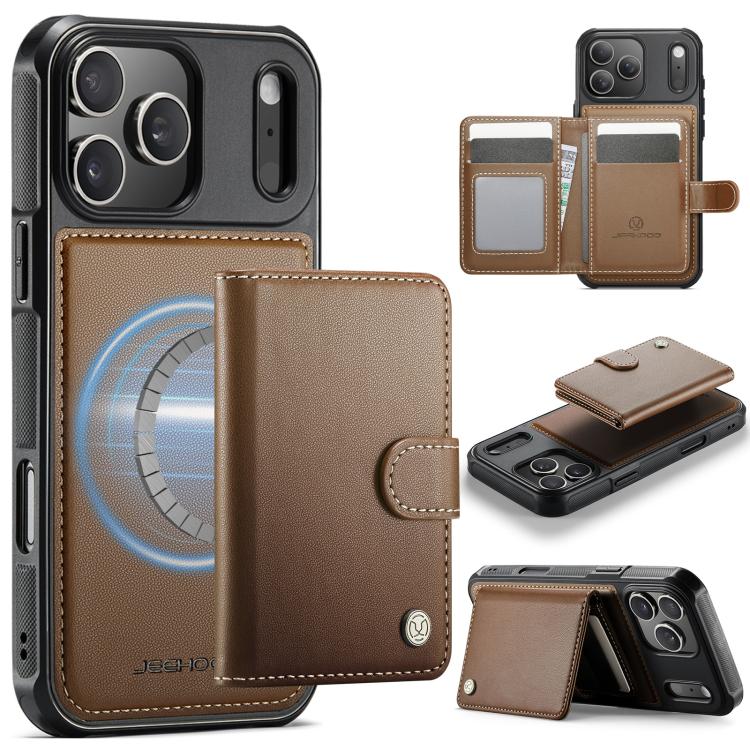 For iPhone 17 Pro JEEHOOD J09 Buckle Card Bag MagSafe Magnetic Style RFID Leather Phone Case(Brown)