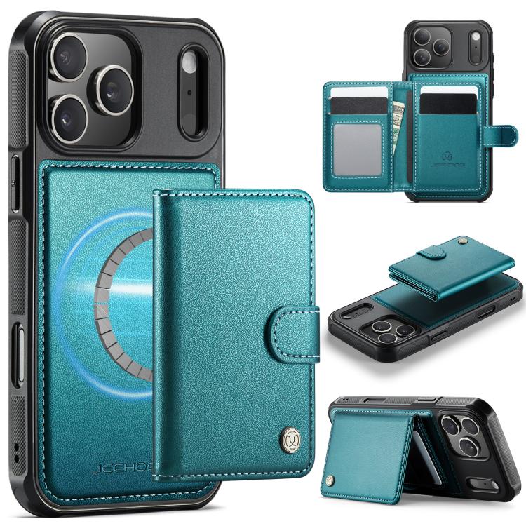 For iPhone 17 Pro JEEHOOD J09 Buckle Card Bag MagSafe Magnetic Style RFID Leather Phone Case(Green)