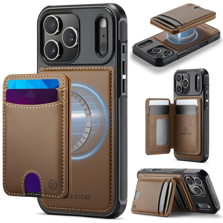 For iPhone 17 Pro JEEHOOD J10 Flip Card Bag MagSafe Split RFID Leather Phone Case(Brown)
