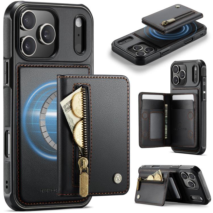 For iPhone 17 Pro JEEHOOD J12 Exquisite RFID MagSafe Zipper Card Bag Phone Case(Black)