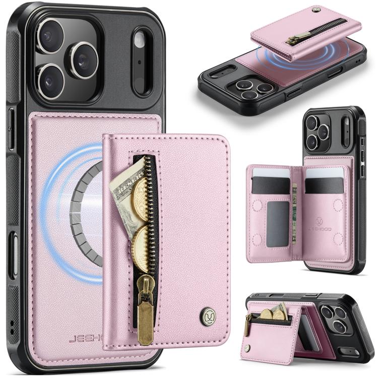 For iPhone 17 Pro JEEHOOD J12 Exquisite RFID MagSafe Zipper Card Bag Phone Case(Pink)
