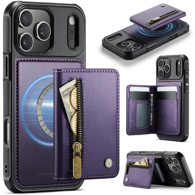 For iPhone 17 Pro JEEHOOD J12 Exquisite RFID MagSafe Zipper Card Bag Phone Case(Purple)