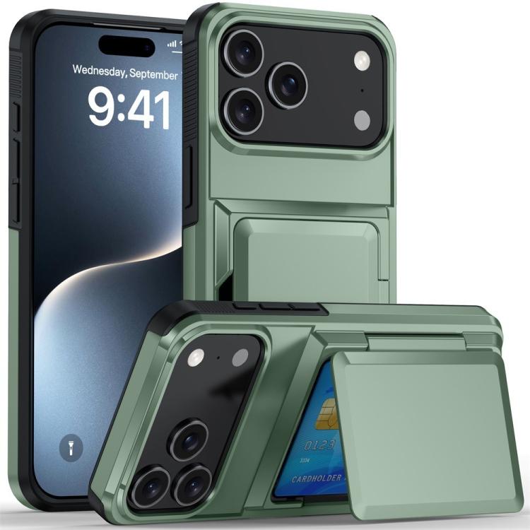 For iPhone 17 Pro Kalebol Flip Card Wallet Holder Shockproof Phone Case(Army Green)