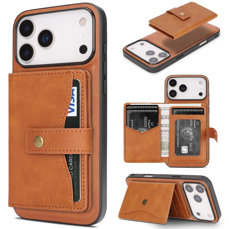 For iPhone 17 Pro Kalebol Magnetic Button Card Bag MagSafe Ring Leather Phone Case(Brown)