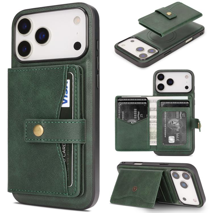 For iPhone 17 Pro Kalebol Magnetic Button Card Bag MagSafe Ring Leather Phone Case(Green)