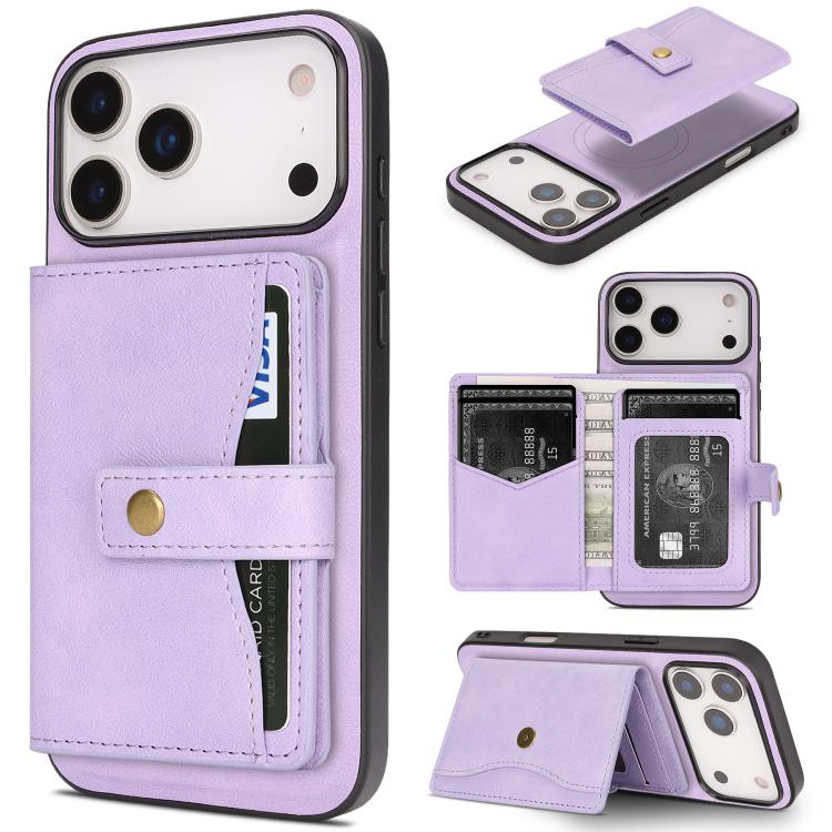 For iPhone 17 Pro Kalebol Magnetic Button Card Bag MagSafe Ring Leather Phone Case(Purple)