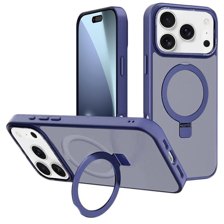 For iPhone 17 Pro Kalebol Metal Lens Frame MagSafe Holder Frosted PC Phone Case(Navy Blue)