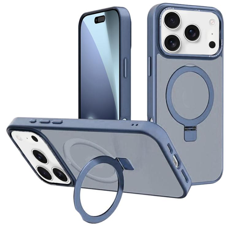 For iPhone 17 Pro Kalebol Metal Lens Frame MagSafe Holder Frosted PC Phone Case(Sierra Blue)