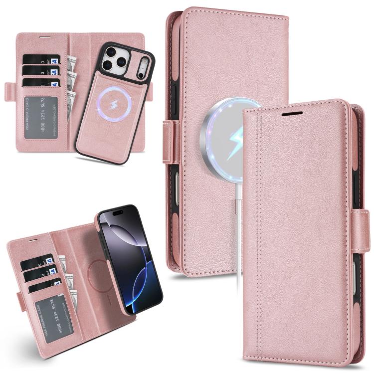 For iPhone 17 Pro Kalebol Strong Magnetic MagSafe Ring 2 In 1 Split Leather Phone Case(Rose Gold)