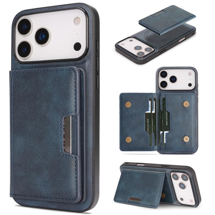 For iPhone 17 Pro Kalebol Strong MagSafe Magnetic Two-Fold Card Bag Leather Phone Case(Blue)