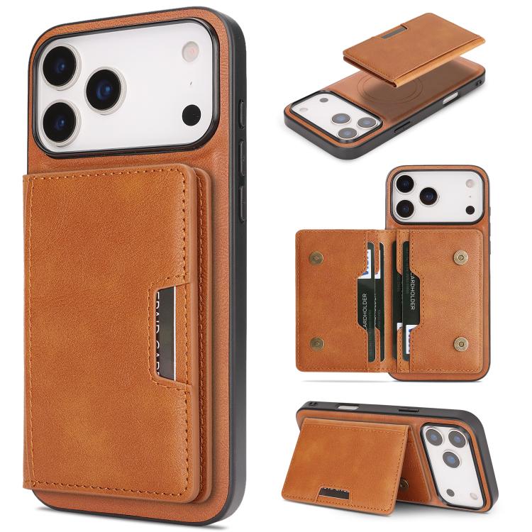 For iPhone 17 Pro Kalebol Strong MagSafe Magnetic Two-Fold Card Bag Leather Phone Case(Brown)
