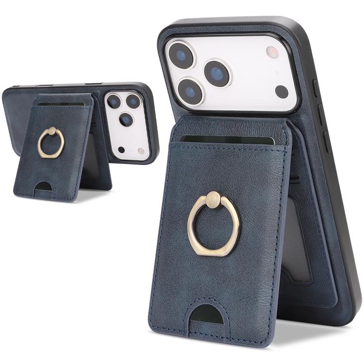 For iPhone 17 Pro Kalebol Strong MagSafe Ring Magnetic Card Bag Holder Leather Phone Case(Blue)