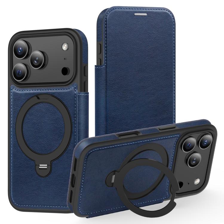 For iPhone 17 Pro Knight Shield 360 Rotation Holder MagSafe RFID Leather Phone Case(Blue)