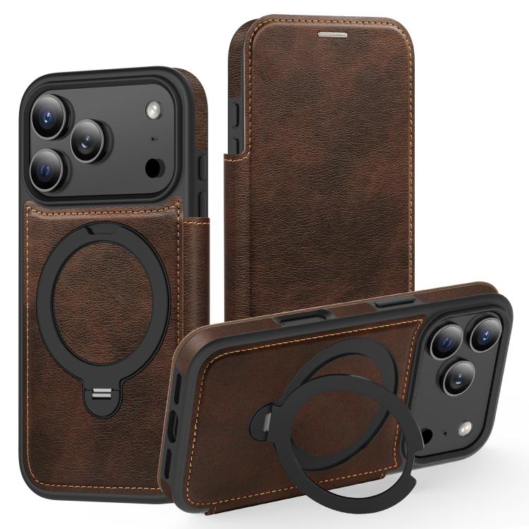 For iPhone 17 Pro Knight Shield 360 Rotation Holder MagSafe RFID Leather Phone Case(Coffee)
