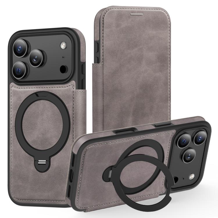 For iPhone 17 Pro Knight Shield 360 Rotation Holder MagSafe RFID Leather Phone Case(Grey)