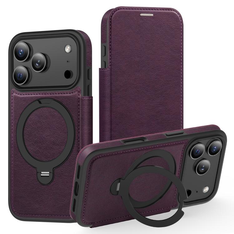 For iPhone 17 Pro Knight Shield 360 Rotation Holder MagSafe RFID Leather Phone Case(Purple)