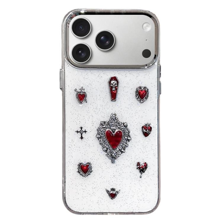 For iPhone 17 Pro Large Hole Camera Frame Dark-themed Heart Design Full Coverage Phone Case(Transparent)