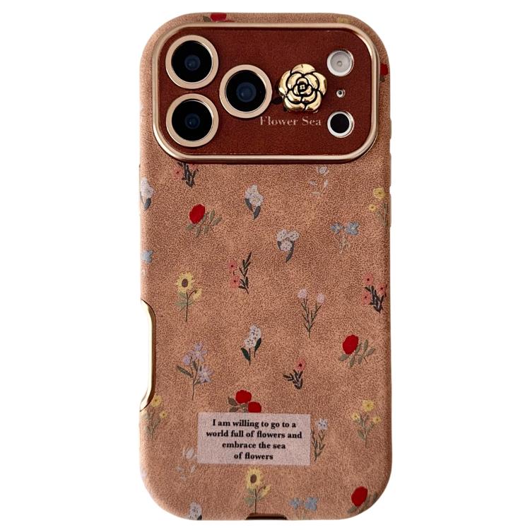 For iPhone 17 Pro Large Window Desert Gold Small Floral Soft TPU Phone Case(Gold Camellia)