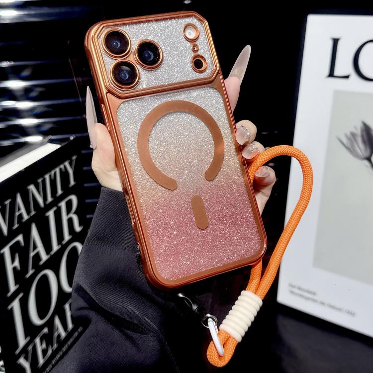 For iPhone 17 Pro Large Window Glitter Gradient Matte Electroplated TPU MagSafe Phone Case with Hand Strap(Orange)