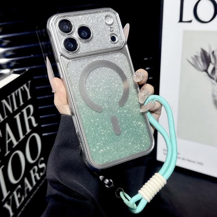 For iPhone 17 Pro Large Window Glitter Gradient Matte Electroplated TPU MagSafe Phone Case with Hand Strap(Silver)