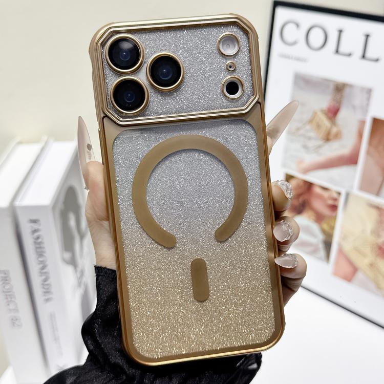 For iPhone 17 Pro Large Window Glitter Gradient Matte Electroplated TPU MagSafe Phone Case(Gold)