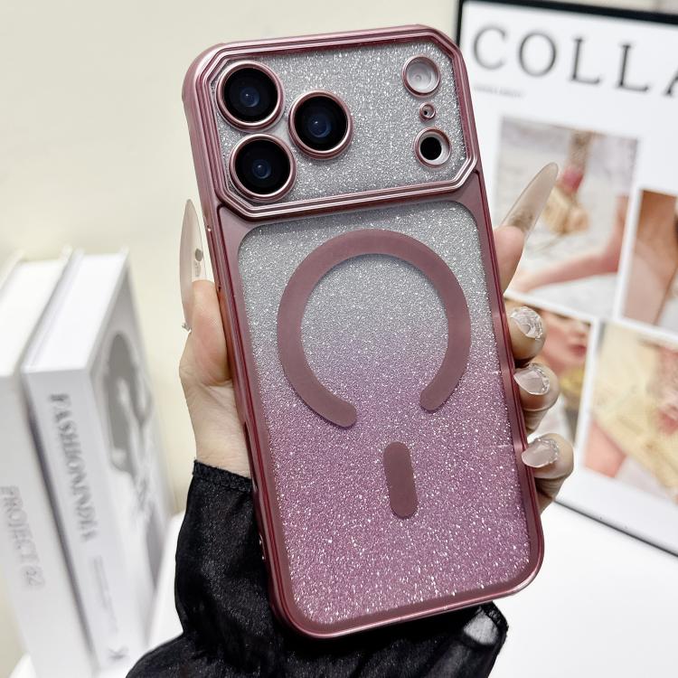 For iPhone 17 Pro Large Window Glitter Gradient Matte Electroplated TPU MagSafe Phone Case(Pink)