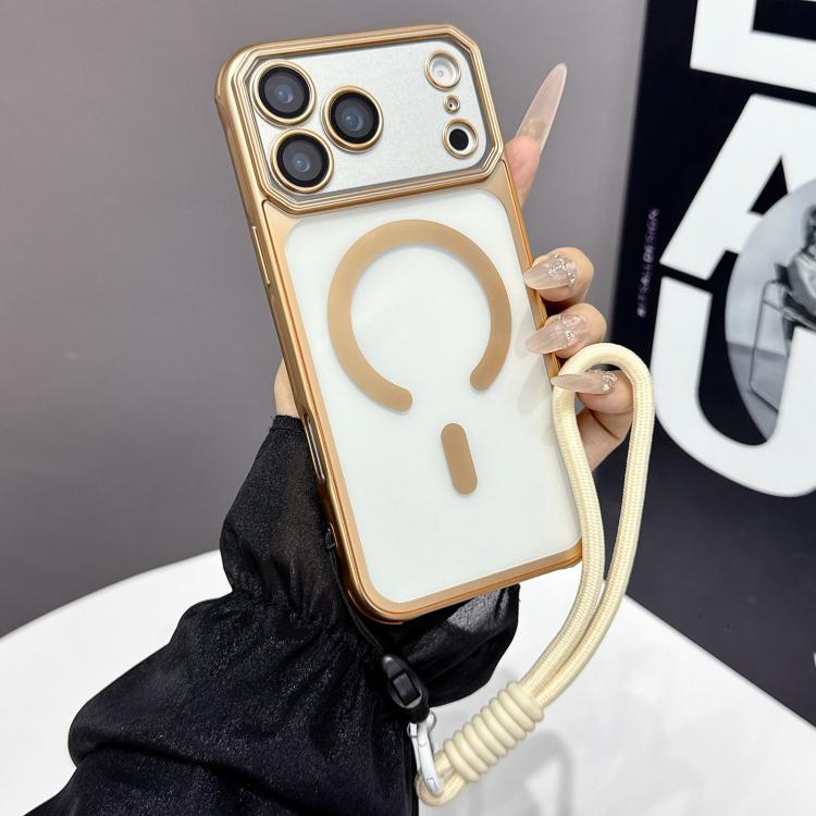 For iPhone 17 Pro Large Window Matte Electroplated TPU MagSafe Phone Case with Hand Strap(Gold)