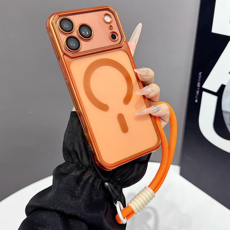 For iPhone 17 Pro Large Window Matte Electroplated TPU MagSafe Phone Case with Hand Strap(Orange)