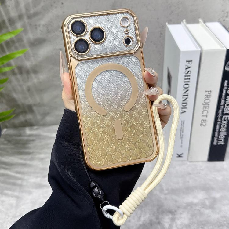 For iPhone 17 Pro Large Window Rhombus Gradient Matte Electroplated TPU MagSafe Phone Case with Hand Strap(Gold)
