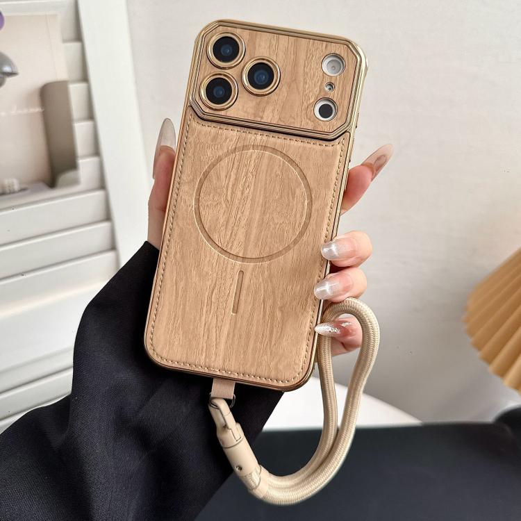 For iPhone 17 Pro Large Window TPU Electroplated Wood Grain PU MagSafe Phone Case with Lens Film & Strap(Gold)