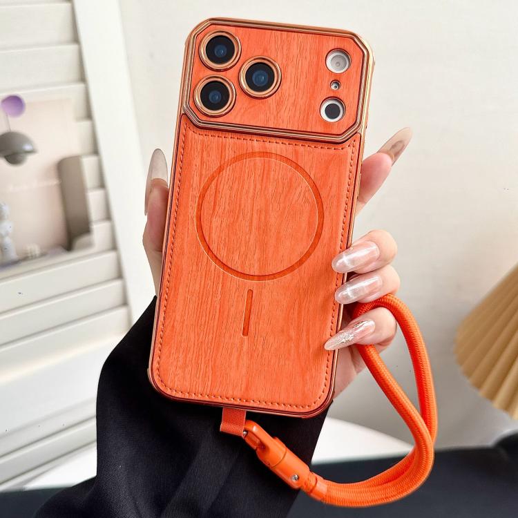 For iPhone 17 Pro Large Window TPU Electroplated Wood Grain PU MagSafe Phone Case with Lens Film & Strap(Orange)