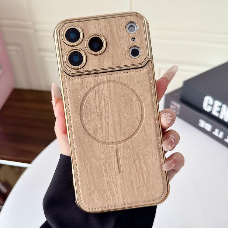 For iPhone 17 Pro Large Window TPU Electroplated Wood Grain PU MagSafe Phone Case with Lens Film(Gold)
