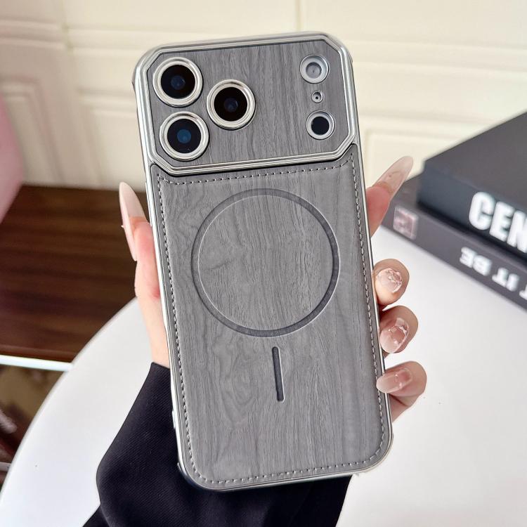 For iPhone 17 Pro Large Window TPU Electroplated Wood Grain PU MagSafe Phone Case with Lens Film(Grey)