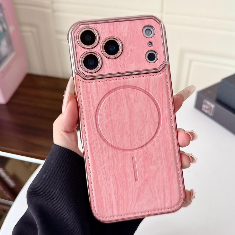 For iPhone 17 Pro Large Window TPU Electroplated Wood Grain PU MagSafe Phone Case with Lens Film(Pink)