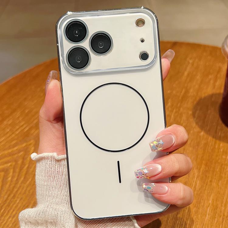 For iPhone 17 Pro Laser Large Hole Camera Frame Fine Ring Magsafe Phone Case(White)