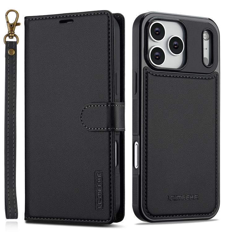 For iPhone 17 Pro LC.IMEEKE L2 Series Detachable Magsafe PU Phone Case with Lanyard(Black)