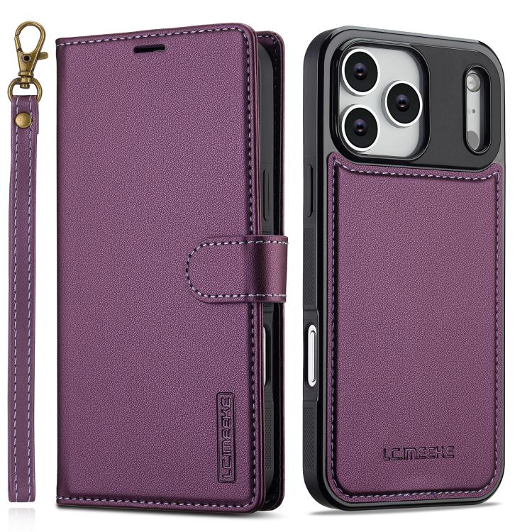 For iPhone 17 Pro LC.IMEEKE L2 Series Detachable Magsafe PU Phone Case with Lanyard(Purple)