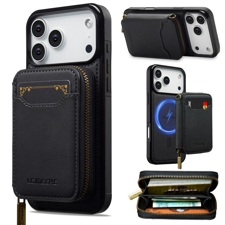 For iPhone 17 Pro LC.IMEEKE L6 Series Zipper Card Bag MagSafe Magnetic Phone Case(Black)