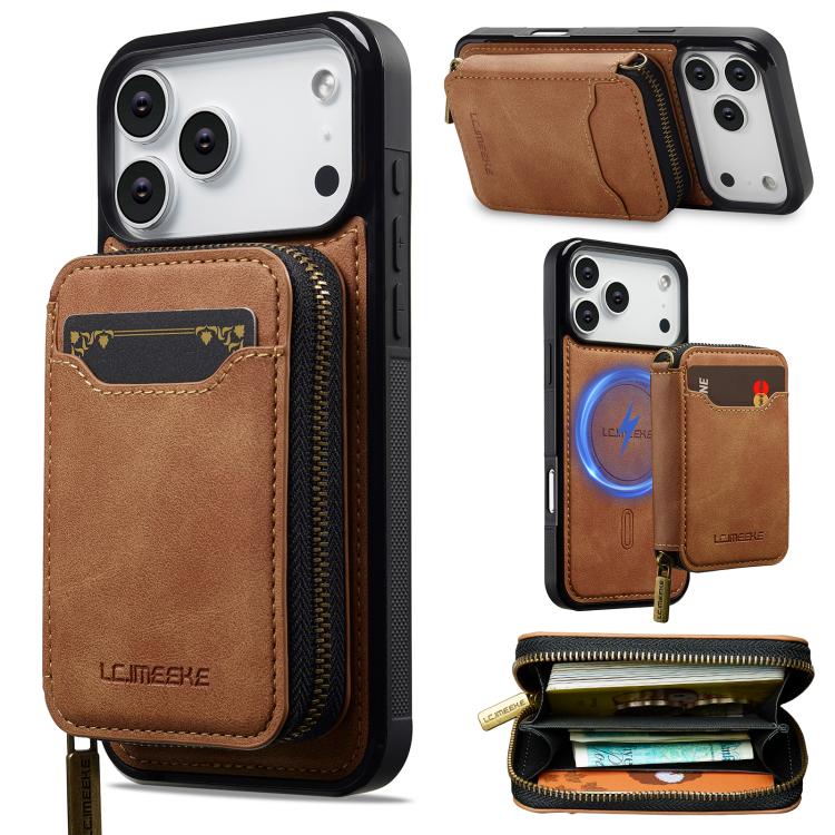 For iPhone 17 Pro LC.IMEEKE L6 Series Zipper Card Bag MagSafe Magnetic Phone Case(Brown)