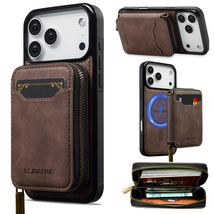 For iPhone 17 Pro LC.IMEEKE L6 Series Zipper Card Bag MagSafe Magnetic Phone Case(Coffee)