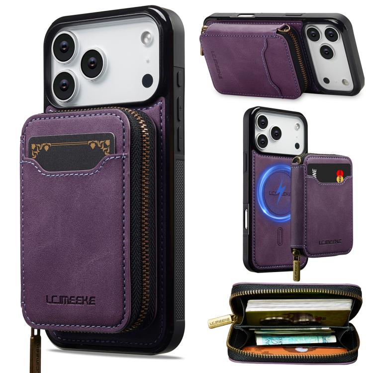 For iPhone 17 Pro LC.IMEEKE L6 Series Zipper Card Bag MagSafe Magnetic Phone Case(Purple)
