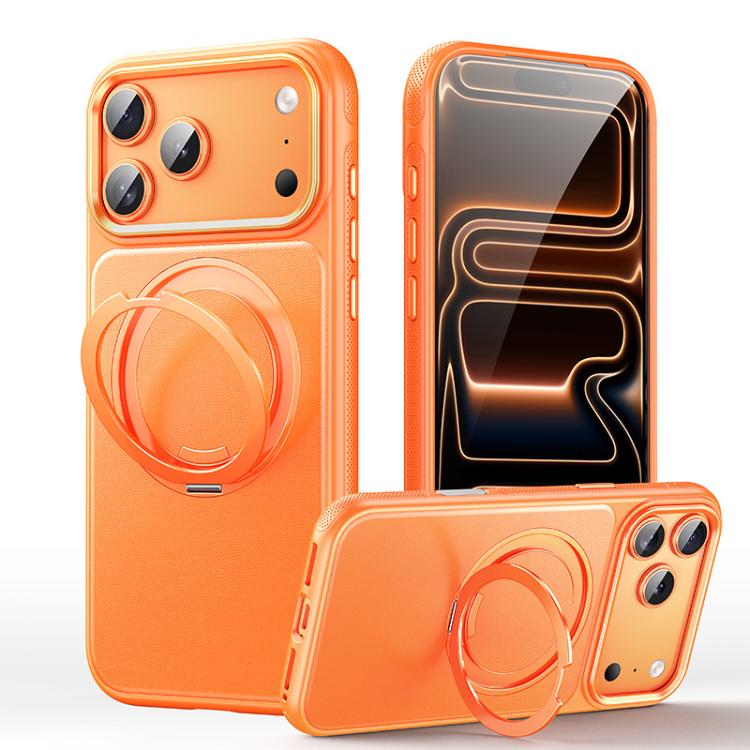 For iPhone 17 Pro Leather Texture 360 Degrees Rotating Magnetic Holder Phone Case(Orange)