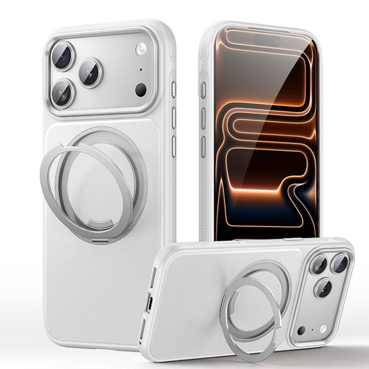 For iPhone 17 Pro Leather Texture 360 Degrees Rotating Magnetic Holder Phone Case(Silver)