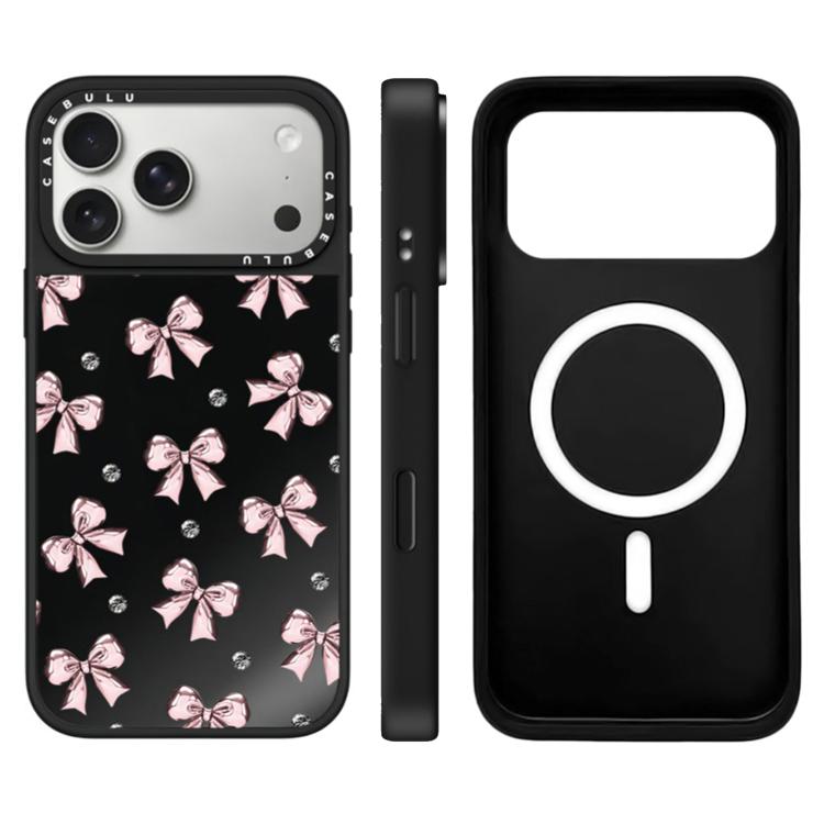 For iPhone 17 Pro Leopard Cherry Series Pattern Camera Control Button Mirror Magnetic Phone Case(Bow-knots)