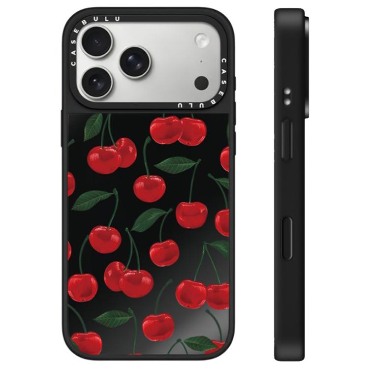 For iPhone 17 Pro Leopard Cherry Series Pattern Camera Control Button Mirror Phone Case(Cherrys with Leaves)